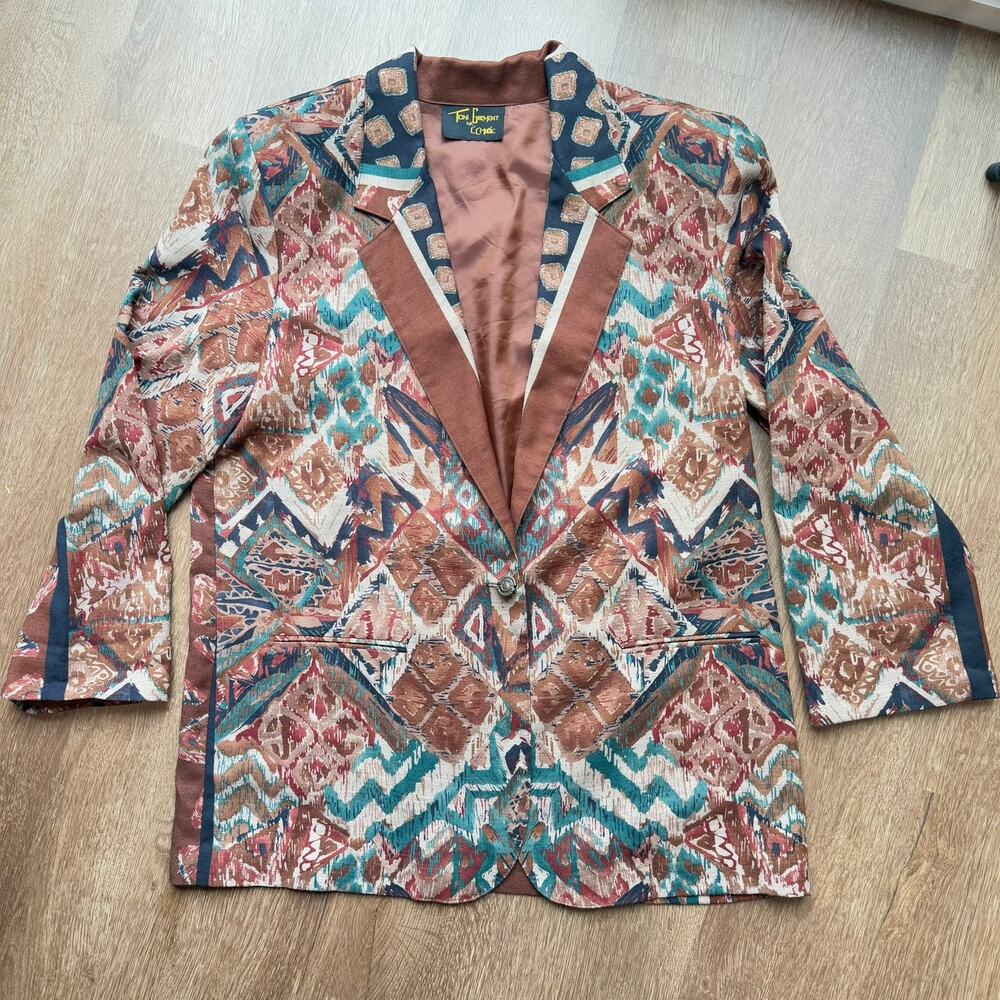 Toni Garment Blazer Abstract Geometric Vintage 90s Oversized Women‎ L XL Brown